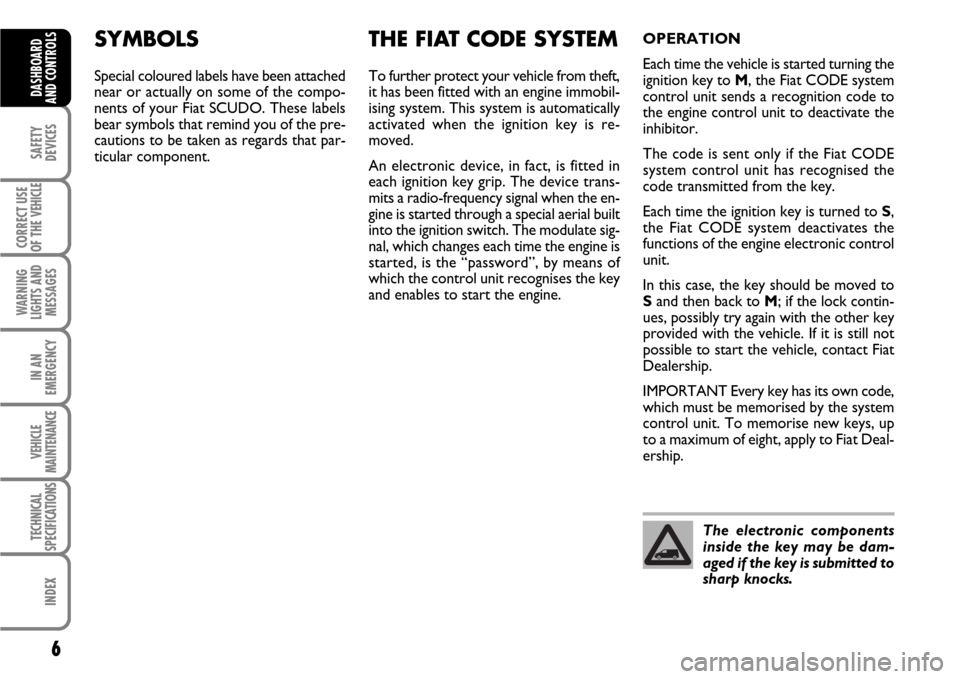 FIAT SCUDO 2007 2.G Owners Manual 6
SAFETY
DEVICES
CORRECT USE
OF THE 
VEHICLE
WARNING
LIGHTS AND
MESSAGES
IN AN
EMERGENCY
VEHICLE
MAINTENANCE
TECHNICAL
SPECIFICATIONS
INDEX
DASHBOARD
AND CONTROLS
SYMBOLS
Special coloured labels have 