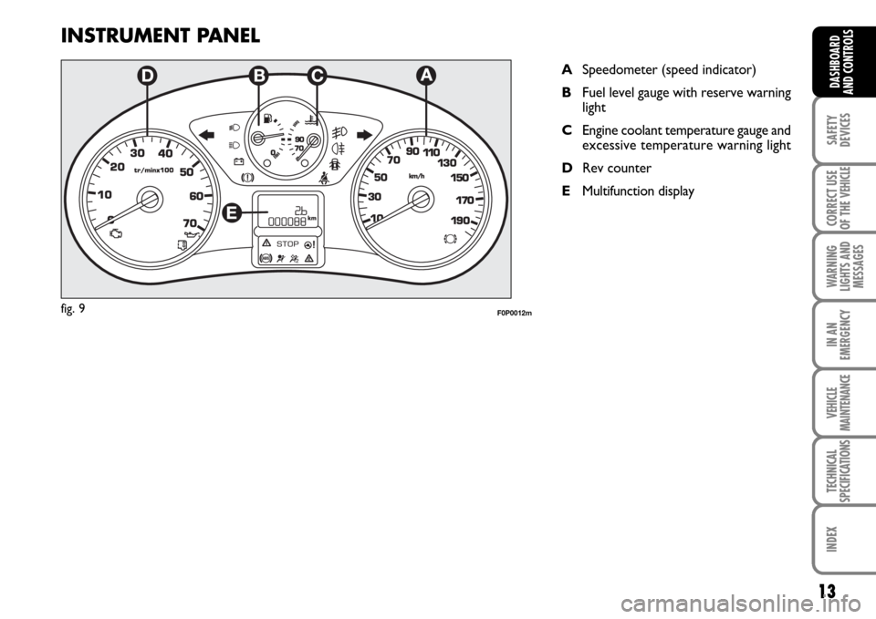 FIAT SCUDO 2008 2.G Owners Manual 13
SAFETY
DEVICES
CORRECT USE
OF THE
VEHICLE
WARNING
LIGHTS AND
MESSAGES
IN AN
EMERGENCY
VEHICLE
MAINTENANCE
TECHNICAL
SPECIFICATIONS
INDEX
DASHBOARD
AND CONTROLS
INSTRUMENT PANEL
ASpeedometer (speed FIAT SCUDO 2008 2.G Owners Manual 13
SAFETY
DEVICES
CORRECT USE
OF THE
VEHICLE
WARNING
LIGHTS AND
MESSAGES
IN AN
EMERGENCY
VEHICLE
MAINTENANCE
TECHNICAL
SPECIFICATIONS
INDEX
DASHBOARD
AND CONTROLS
INSTRUMENT PANEL
ASpeedometer (speed