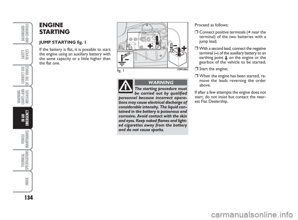 FIAT SCUDO 2008 2.G Owners Manual ENGINE
STARTING
JUMP STARTING fig. 1
If the battery is flat, it is possible to start
the engine using an auxiliary battery with
the same capacity or a little higher than
the flat one. 
134
WARNING
LIG