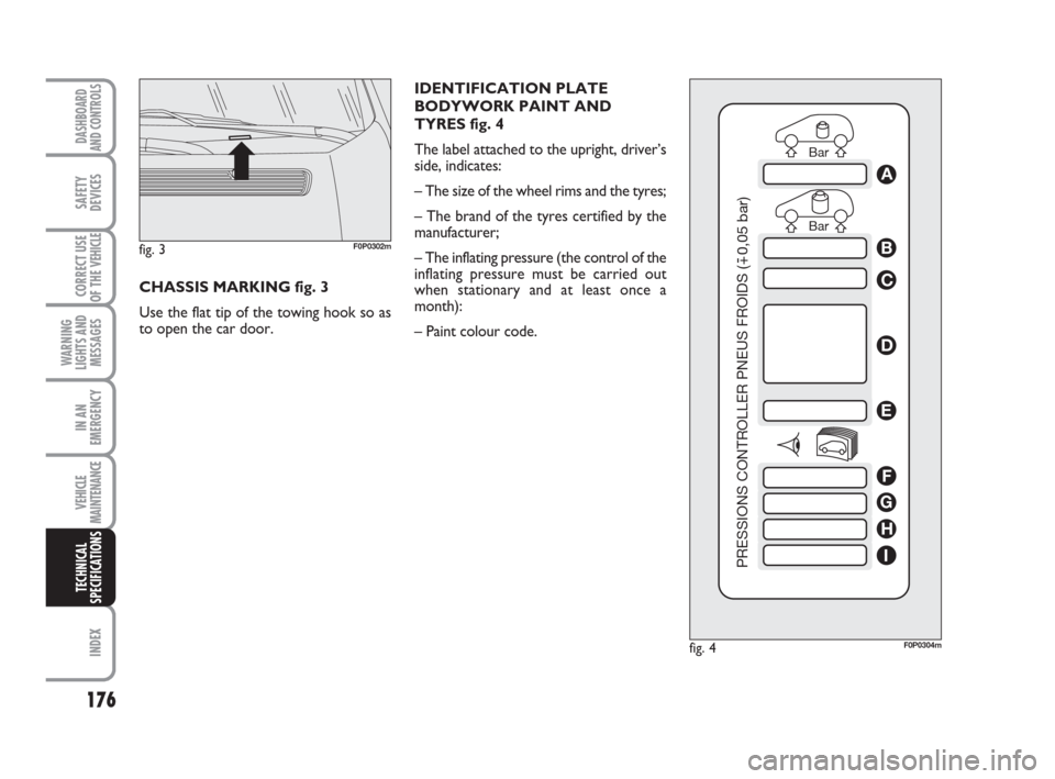 FIAT SCUDO 2008 2.G Owners Manual IDENTIFICATION PLATE
BODYWORK PAINT AND
TYRES fig. 4
The label attached to the upright, driver’s
side, indicates:
– The size of the wheel rims and the tyres;
– The brand of the tyres certified b