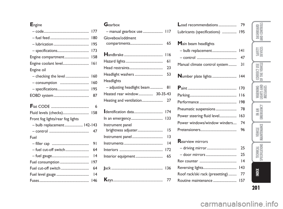FIAT SCUDO 2008 2.G Owners Manual 201
WARNING
LIGHTS AND
MESSAGES
DASHBOARD
AND CONTROLS
SAFETY
DEVICES
CORRECT USE
OF THE 
VEHICLE
IN AN
EMERGENCY
VEHICLE
MAINTENANCE
TECHNICAL
SPECIFICATIONS
INDEX
Gearbox
– manual gearbox use ....