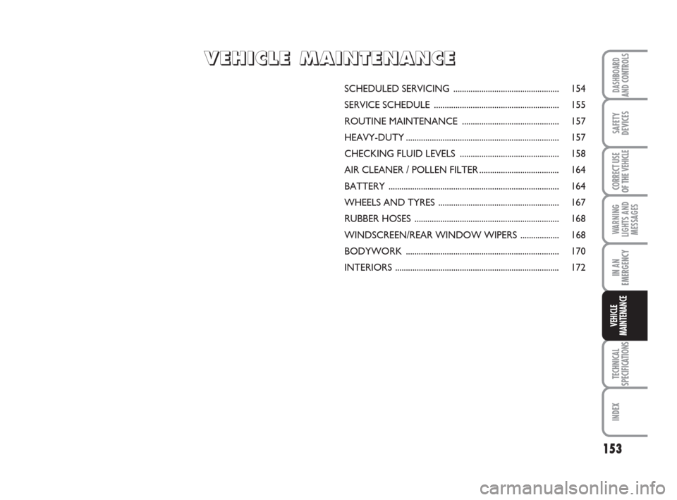 FIAT SCUDO 2009 2.G Owners Manual 153
WARNING
LIGHTS AND
MESSAGES
TECHNICAL
SPECIFICATIONS
INDEX
DASHBOARD
AND CONTROLS
SAFETY
DEVICES
CORRECT USE
OF THE 
VEHICLE
IN AN
EMERGENCY
VEHICLE
MAINTENANCE
SCHEDULED SERVICING ...............