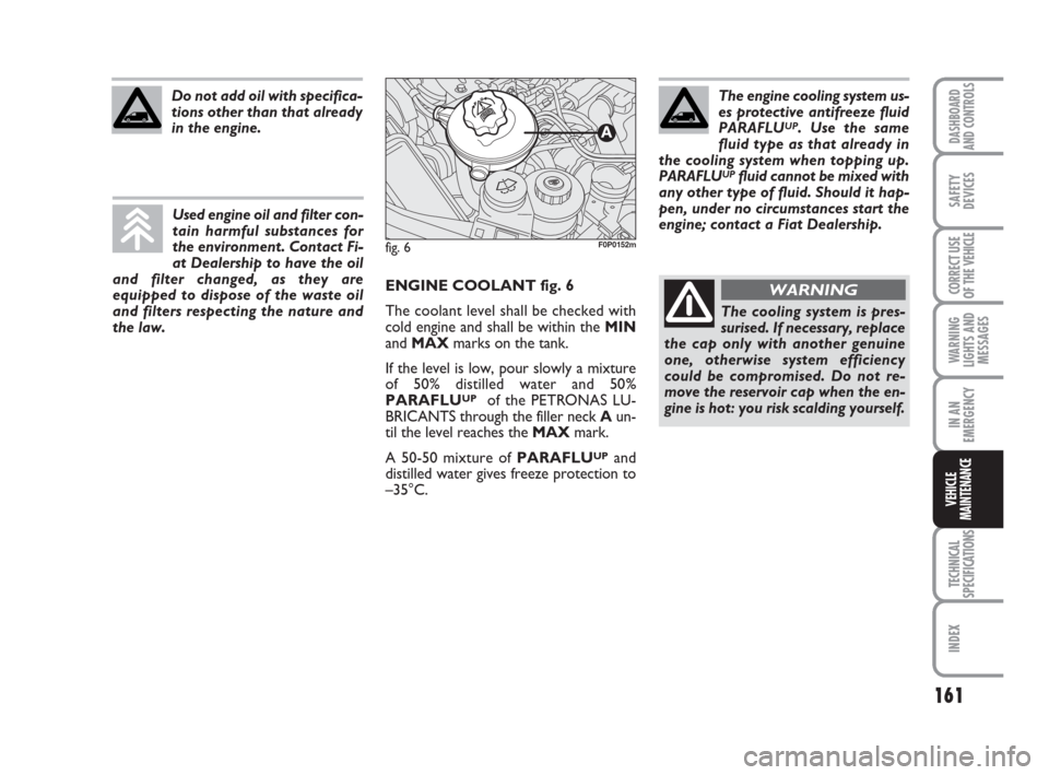 FIAT SCUDO 2009 2.G Owners Manual 161
WARNING
LIGHTS AND
MESSAGES
TECHNICAL
SPECIFICATIONS
INDEX
DASHBOARD
AND CONTROLS
SAFETY
DEVICES
CORRECT USE
OF THE 
VEHICLE
IN AN
EMERGENCY
VEHICLE
MAINTENANCE
ENGINE COOLANT fig. 6
The coolant l