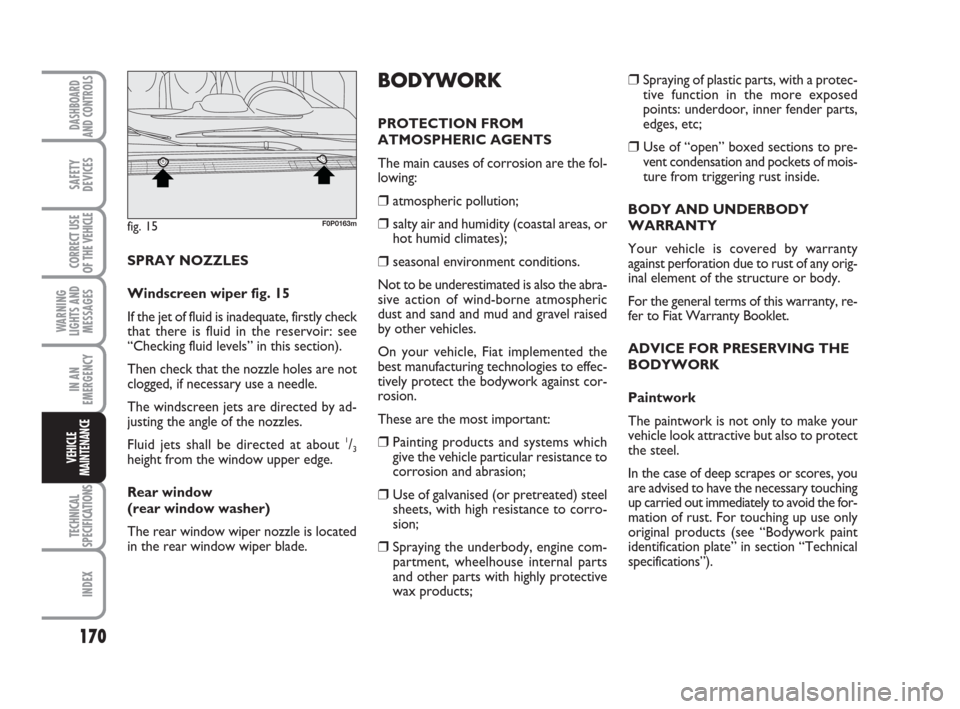 FIAT SCUDO 2009 2.G Owners Manual 170
WARNING
LIGHTS AND
MESSAGES
TECHNICAL
SPECIFICATIONS
INDEX
DASHBOARD
AND CONTROLS
SAFETY
DEVICES
CORRECT USE
OF THE 
VEHICLE
IN AN
EMERGENCY
VEHICLE
MAINTENANCE
❒Spraying of plastic parts, with 