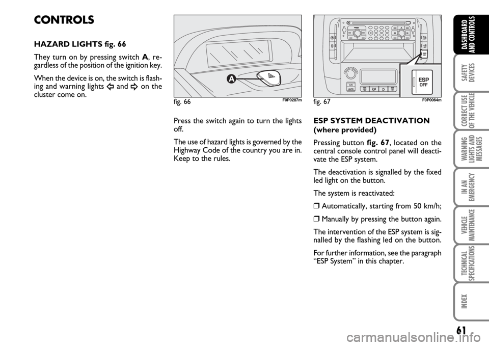 FIAT SCUDO 2009 2.G Workshop Manual 61
SAFETY
DEVICES
CORRECT USE
OF THE
VEHICLE
WARNING
LIGHTS AND
MESSAGES
IN AN
EMERGENCY
VEHICLE
MAINTENANCE
TECHNICAL
SPECIFICATIONS
INDEX
DASHBOARD
AND CONTROLS
fig. 66F0P0287m
CONTROLS
HAZARD LIGH FIAT SCUDO 2009 2.G Workshop Manual 61
SAFETY
DEVICES
CORRECT USE
OF THE
VEHICLE
WARNING
LIGHTS AND
MESSAGES
IN AN
EMERGENCY
VEHICLE
MAINTENANCE
TECHNICAL
SPECIFICATIONS
INDEX
DASHBOARD
AND CONTROLS
fig. 66F0P0287m
CONTROLS
HAZARD LIGH