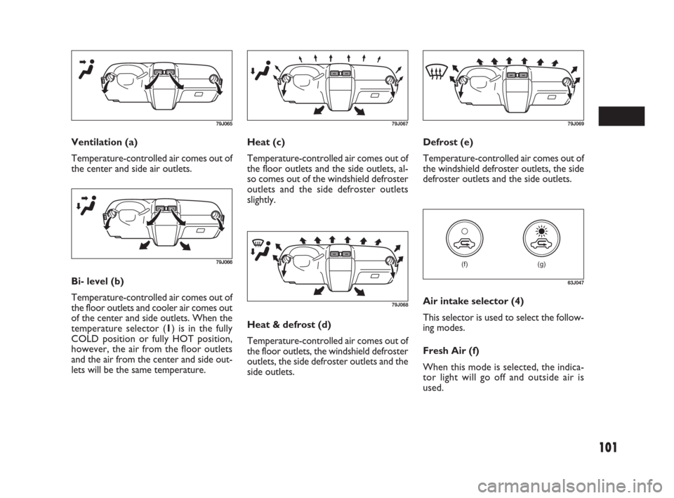 FIAT SEDICI 2007 2.G Service Manual 101
Heat (c)
Temperature-controlled air comes out of
the floor outlets and the side outlets, al-
so comes out of the windshield defroster
outlets and the side defroster outlets
slightly.Defrost (e)
Te