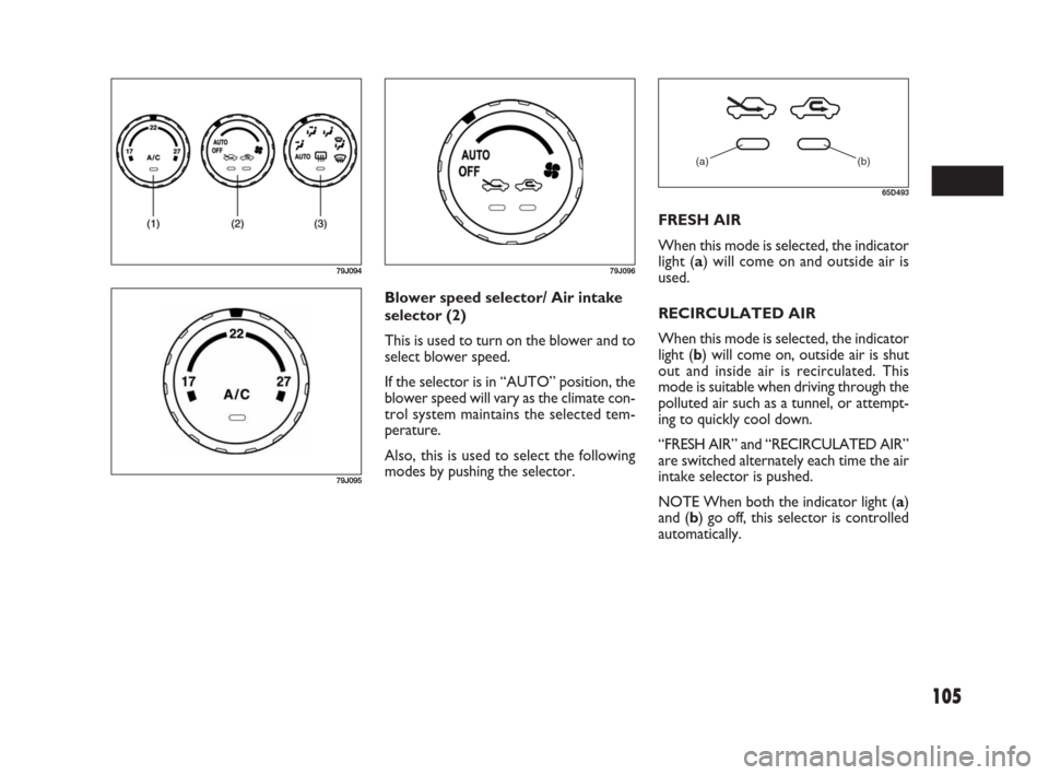 FIAT SEDICI 2007 2.G Owners Manual 105
Blower speed selector/ Air intake
selector (2)
This is used to turn on the blower and to
select blower speed.
If the selector is in “AUTO” position, the
blower speed will vary as the climate c FIAT SEDICI 2007 2.G Owners Manual 105
Blower speed selector/ Air intake
selector (2)
This is used to turn on the blower and to
select blower speed.
If the selector is in “AUTO” position, the
blower speed will vary as the climate c