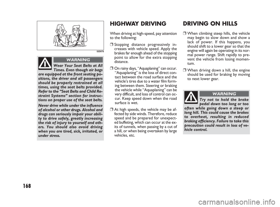 FIAT SEDICI 2007 2.G Owners Manual 168
HIGHWAY DRIVING
When driving at high-speed, pay attention
to the following:
❒Stopping distance progressively in-
creases with vehicle speed. Apply the
brakes far enough ahead of the stopping
poi FIAT SEDICI 2007 2.G Owners Manual 168
HIGHWAY DRIVING
When driving at high-speed, pay attention
to the following:
❒Stopping distance progressively in-
creases with vehicle speed. Apply the
brakes far enough ahead of the stopping
poi