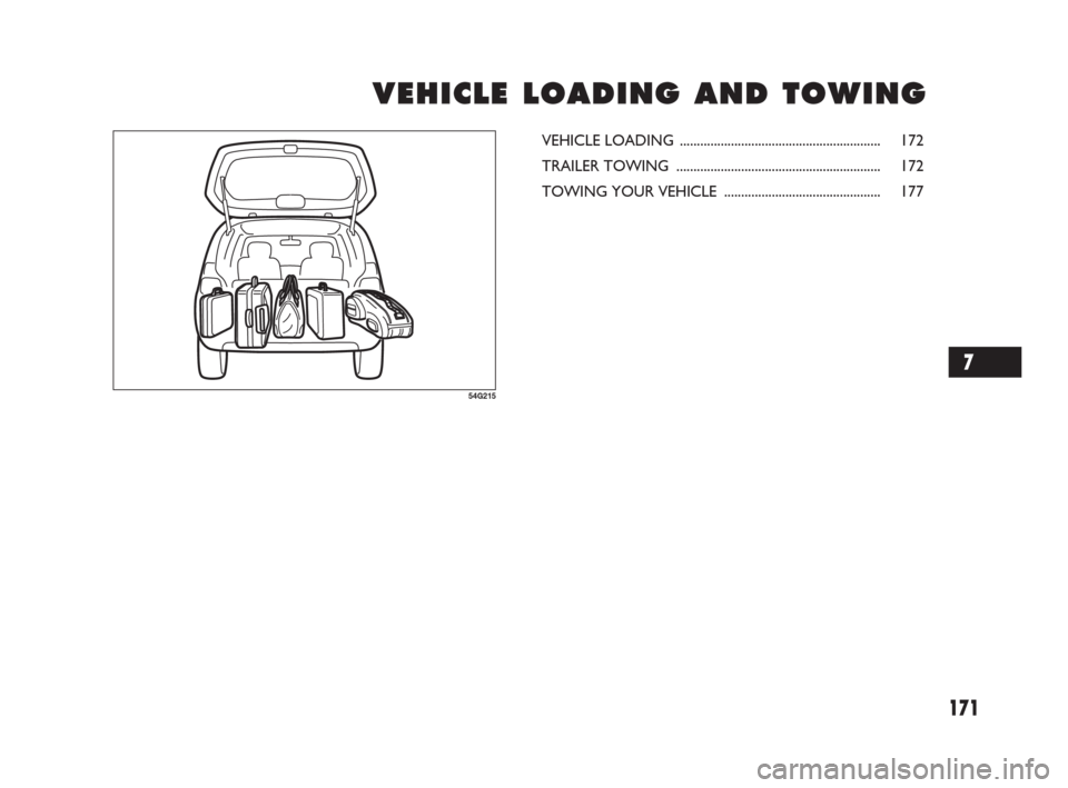 FIAT SEDICI 2007 2.G Owners Manual 171
V V
E E
H H
I I
C C
L L
E E
L L
O O
A A
D D
I I
N N
G G
A A
N N
D D
T T
O O
W W
I I
N N
G G G
54G215
VEHICLE LOADING ........................................................... 172
TRAILER TOWING FIAT SEDICI 2007 2.G Owners Manual 171
V V
E E
H H
I I
C C
L L
E E
L L
O O
A A
D D
I I
N N
G G
A A
N N
D D
T T
O O
W W
I I
N N
G G G
54G215
VEHICLE LOADING ........................................................... 172
TRAILER TOWING