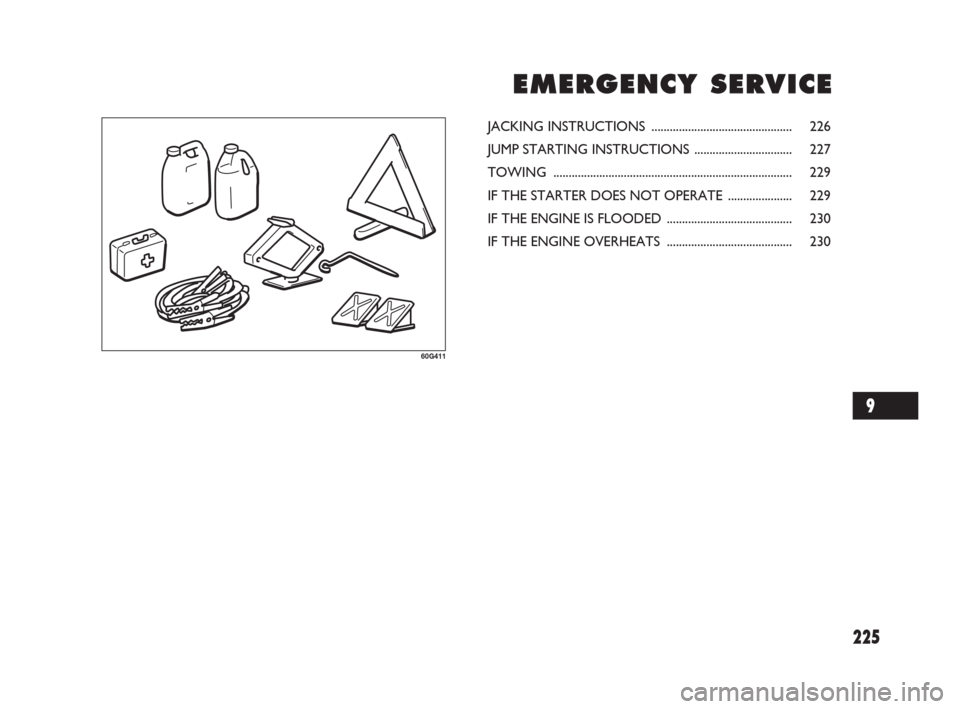 FIAT SEDICI 2007 2.G Owners Manual 225
E E
M M
E E
R R
G G
E E
N N
C C
Y Y
S S
E E
R R
V V
I I
C C
E E
60G411
JACKING INSTRUCTIONS .............................................. 226
JUMP STARTING INSTRUCTIONS ..........................