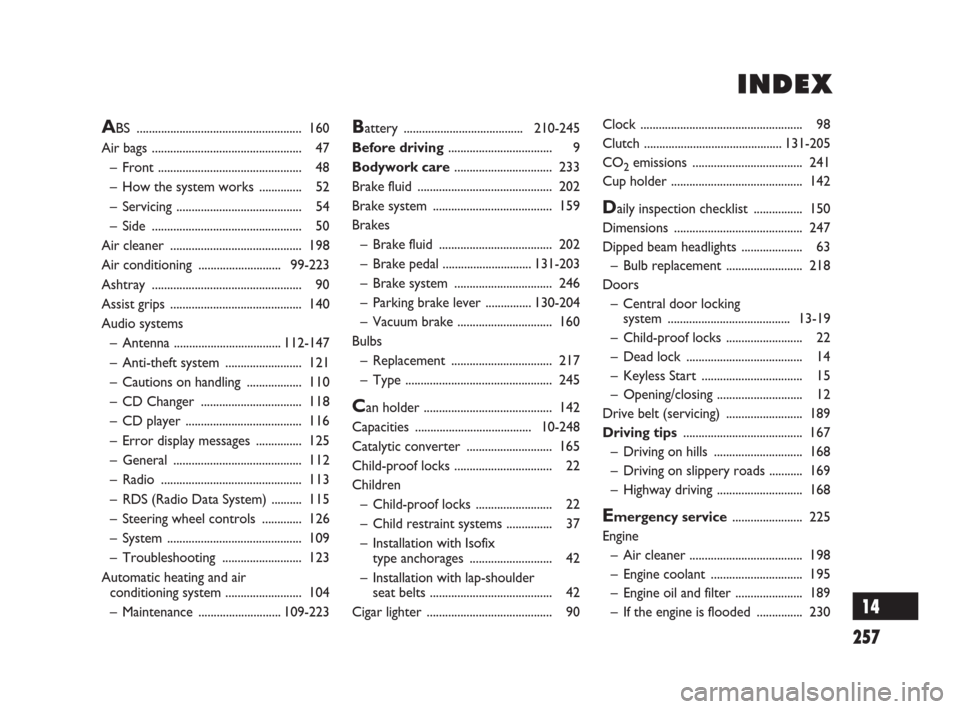 FIAT SEDICI 2007 2.G Owners Manual 257
Battery .......................................210-245
Before driving.................................. 9
Bodywork care................................ 233
Brake fluid ............................