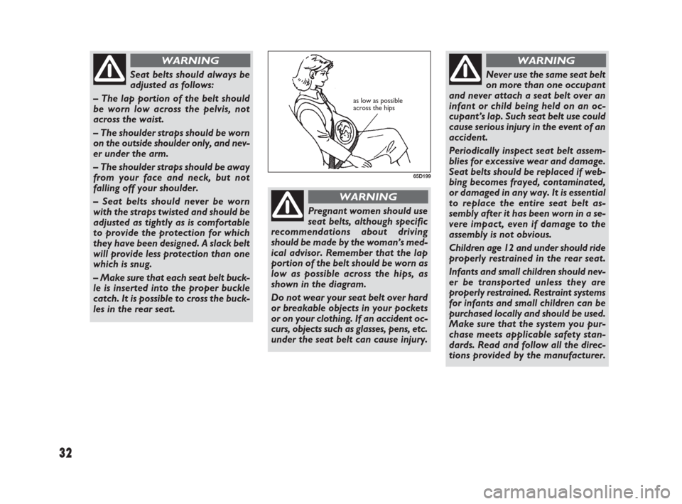 FIAT SEDICI 2007 2.G Owners Manual 32
Seat belts should always be
adjusted as follows: 
– The lap portion of the belt should
be worn low across the pelvis, not
across the waist.
– The shoulder straps should be worn
on the outside s