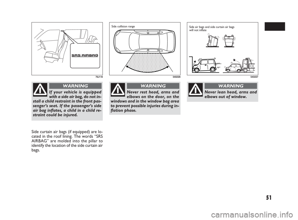 FIAT SEDICI 2007 2.G Workshop Manual 51
Side curtain air bags (if equipped) are lo-
cated in the roof lining. The words “SRS
AIRBAG” are molded into the pillar to
identify the location of the side curtain air
bags.
79J116
If your veh FIAT SEDICI 2007 2.G Workshop Manual 51
Side curtain air bags (if equipped) are lo-
cated in the roof lining. The words “SRS
AIRBAG” are molded into the pillar to
identify the location of the side curtain air
bags.
79J116
If your veh