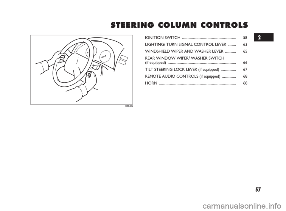 FIAT SEDICI 2007 2.G Workshop Manual 57
S S
T T
E E
E E
R R
I I
N N
G G
C C
O O
L L
U U
M M
N N
C C
O O
N N
T T
R R
O O
L L
S S
60G405
IGNITION SWITCH ........................................................... 58
LIGHTING/ TURN SIGNAL C FIAT SEDICI 2007 2.G Workshop Manual 57
S S
T T
E E
E E
R R
I I
N N
G G
C C
O O
L L
U U
M M
N N
C C
O O
N N
T T
R R
O O
L L
S S
60G405
IGNITION SWITCH ........................................................... 58
LIGHTING/ TURN SIGNAL C