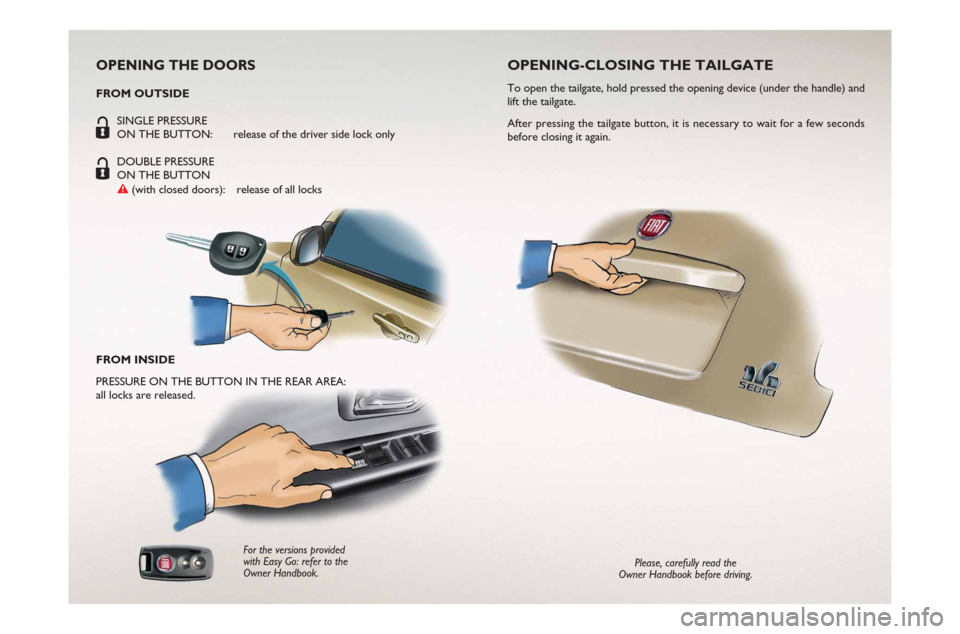 FIAT SEDICI 2007 2.G Ready To Go Manual OPENING THE DOORS
FROM OUTSIDE
SINGLE PRESSURE 
ËON THE BUTTON:   release of the driver side lock only
DOUBLE PRESSURE 
ËON THE BUTTON 
é(with closed doors):  release of all locks
For the versions 