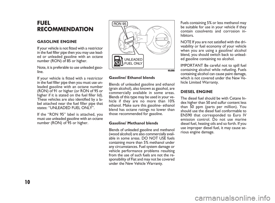 FIAT SEDICI 2008 2.G Owners Manual 10
Gasoline/ Ethanol blends 
Blends of unleaded gasoline and ethanol
(grain alcohol), also known as gasohol, are
commercially available in some areas.
Blends of this type may be used in your ve-
hicle