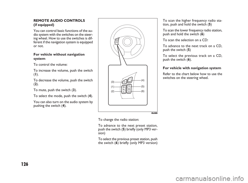 FIAT SEDICI 2008 2.G User Guide 126
To change the radio station:
To advance to the next preset station,
push the switch (5) briefly (only MP3 ver-
sion)
To select the previous preset station, push
the switch (6) briefly (only MP3 ve