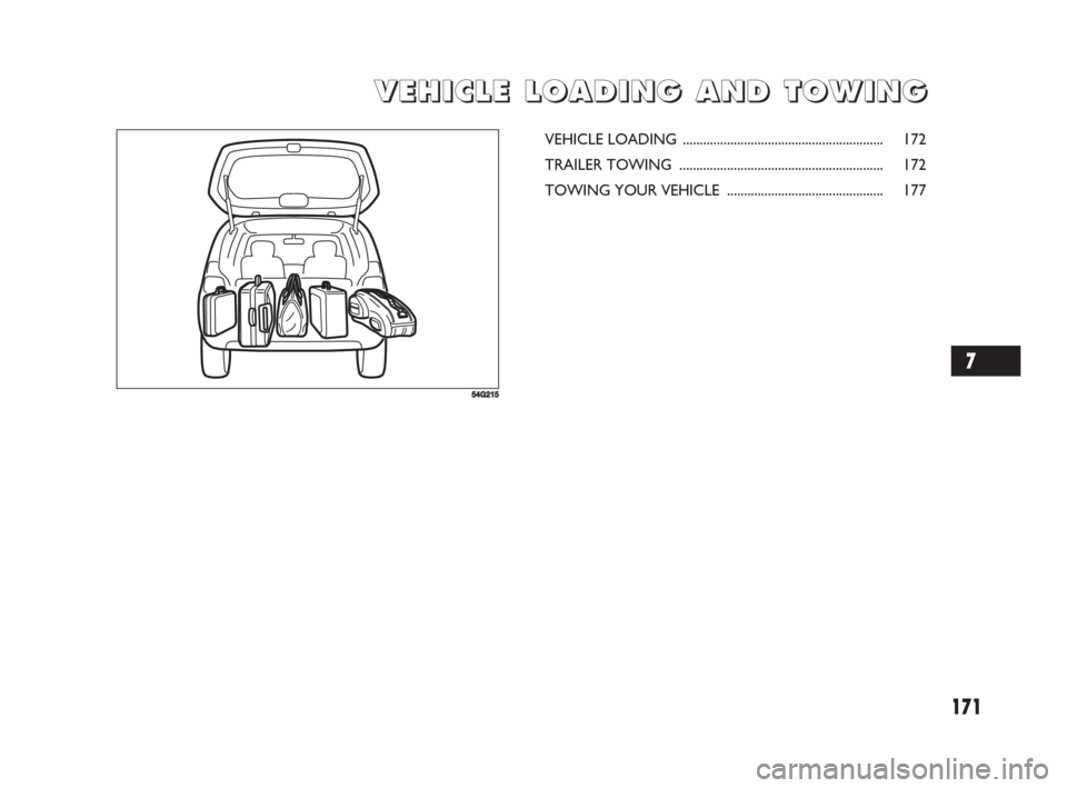 FIAT SEDICI 2008 2.G Owners Manual 171
V V
E E
H H
I I
C C
L L
E E
L L
O O
A A
D D
I I
N N
G G
A A
N N
D D
T T
O O
W W
I I
N N
G G G
54G215
VEHICLE LOADING ........................................................... 172
TRAILER TOWING 