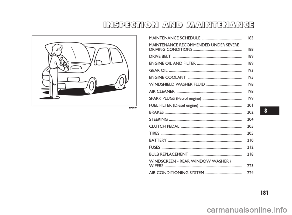 FIAT SEDICI 2008 2.G Owners Manual 181
I I
N N
S S
P P
E E
C C
T T
I I
O O
N N
A A
N N
D D
M M
A A
I I
N N
T T
E E
N N
A A
N N
C C
E E E
60G410
MAINTENANCE SCHEDULE ........................................... 183
MAINTENANCE RECOMMENDE