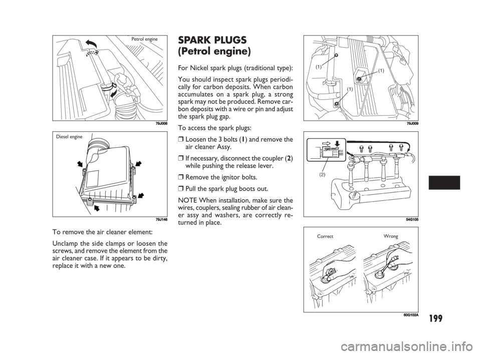 FIAT SEDICI 2008 2.G Owners Manual 199
To remove the air cleaner element:
Unclamp the side clamps or loosen the
screws, and remove the element from the
air cleaner case. If it appears to be dirty,
replace it with a new one.
79J146
Dies