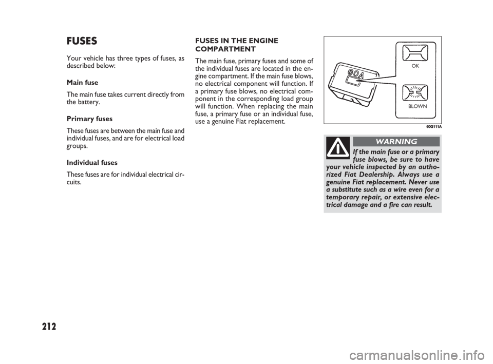 FIAT SEDICI 2008 2.G Owners Manual 212
FUSES
Your vehicle has three types of fuses, as
described below:
Main fuse
The main fuse takes current directly from
the battery.
Primary fuses
These fuses are between the main fuse and
individual FIAT SEDICI 2008 2.G Owners Manual 212
FUSES
Your vehicle has three types of fuses, as
described below:
Main fuse
The main fuse takes current directly from
the battery.
Primary fuses
These fuses are between the main fuse and
individual