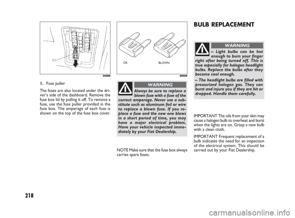 FIAT SEDICI 2008 2.G Owners Manual 218
BULB REPLACEMENT
1.Fuse puller
The fuses are also located under the dri-
ver’s side of the dashboard. Remove the
fuse box lid by pulling it off. To remove a
fuse, use the fuse puller provided in