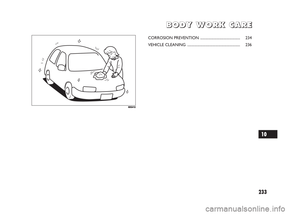 FIAT SEDICI 2008 2.G Owners Manual 233
B B
O O
D D
Y Y
W W
O O
R R
K K
C C
A A
R R
E E
60G412
CORROSION PREVENTION ........................................... 234
VEHICLE CLEANING .......................................................