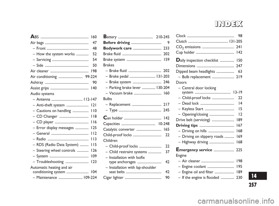 FIAT SEDICI 2008 2.G User Guide 257
Battery .......................................210-245
Before driving.................................. 9
Bodywork care................................ 233
Brake fluid ............................