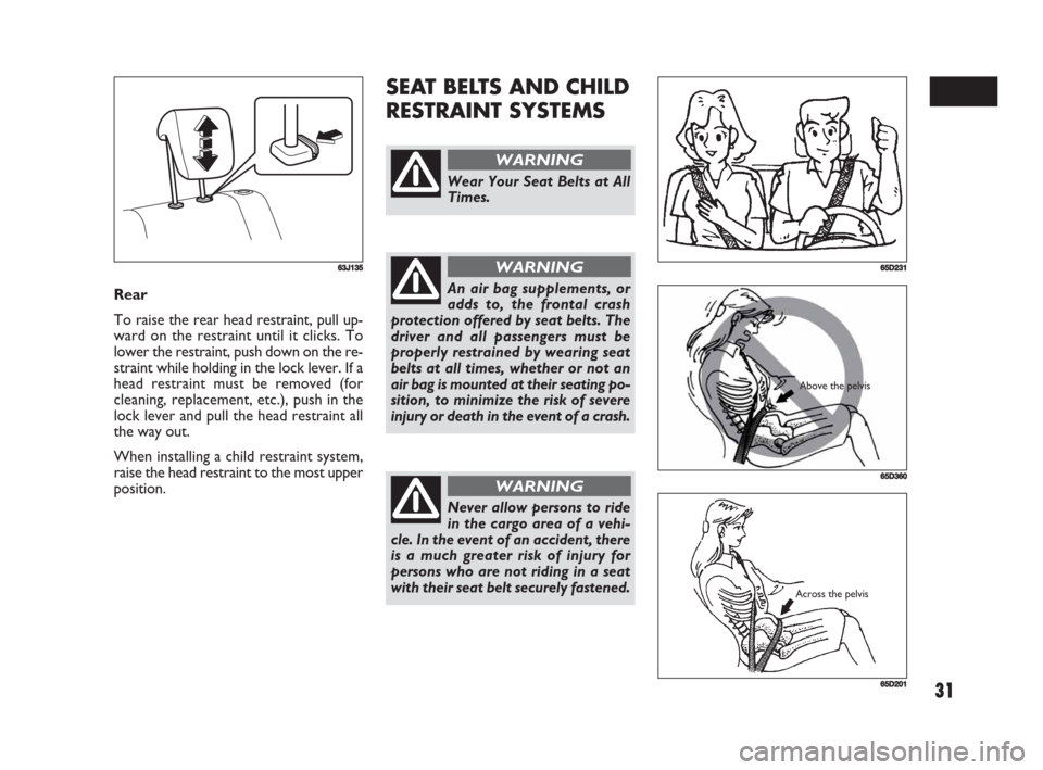 FIAT SEDICI 2008 2.G Owners Guide 31
SEAT BELTS AND CHILD
RESTRAINT SYSTEMS
Rear
To raise the rear head restraint, pull up-
ward on the restraint until it clicks. To
lower the restraint, push down on the re-
straint while holding in t FIAT SEDICI 2008 2.G Owners Guide 31
SEAT BELTS AND CHILD
RESTRAINT SYSTEMS
Rear
To raise the rear head restraint, pull up-
ward on the restraint until it clicks. To
lower the restraint, push down on the re-
straint while holding in t