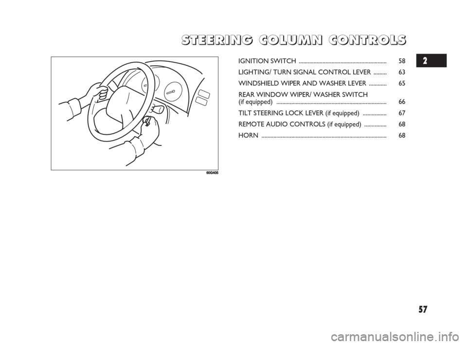 FIAT SEDICI 2008 2.G Owners Manual 57
S S
T T
E E
E E
R R
I I
N N
G G
C C
O O
L L
U U
M M
N N
C C
O O
N N
T T
R R
O O
L L
S S
60G405
IGNITION SWITCH ........................................................... 58
LIGHTING/ TURN SIGNAL C