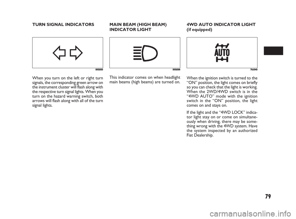 FIAT SEDICI 2008 2.G Owners Manual 79
MAIN BEAM (HIGH BEAM)
INDICATOR LIGHT
50G055
When you turn on the left or right turn
signals, the corresponding green arrow on
the instrument cluster will flash along with
the respective turn signa