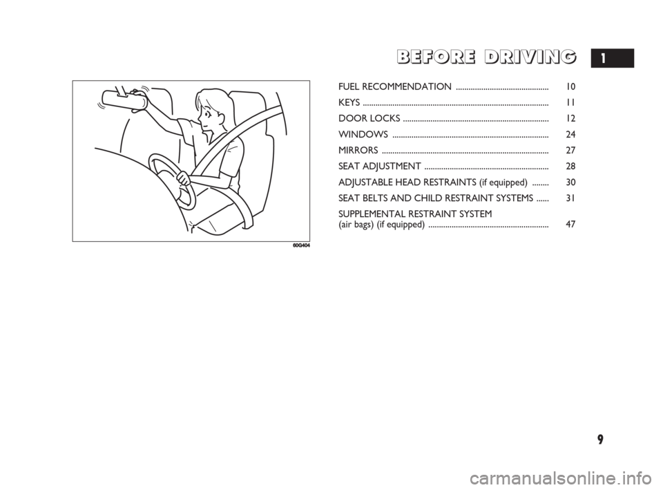 FIAT SEDICI 2008 2.G Owners Manual 9
B B
E E
F F
O O
R R
E E
D D
R R
I I
V V
I I
N N
G G
60G404
FUEL RECOMMENDATION ............................................ 10
KEYS ..................................................................