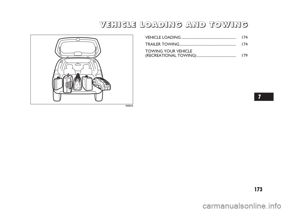 FIAT SEDICI 2009 2.G Owners Manual 173
V V
E E
H H
I I
C C
L L
E E
L L
O O
A A
D D
I I
N N
G G
A A
N N
D D
T T
O O
W W
I I
N N
G G
54G215
VEHICLE LOADING............................................................ 174
TRAILER TOWING...