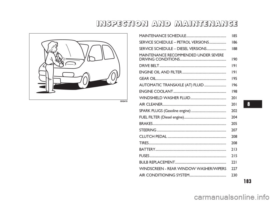 FIAT SEDICI 2009 2.G Owners Manual 183
I I
N N
S S
P P
E E
C C
T T
I I
O O
N N
A A
N N
D D
M M
A A
I I
N N
T T
E E
N N
A A
N N
C C
E E
60G410
MAINTENANCE SCHEDULE................................................. 185
SERVICE SCHEDULE �