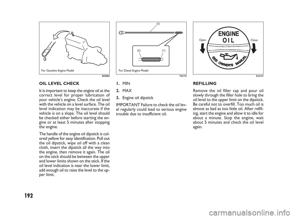 FIAT SEDICI 2009 2.G Owners Manual 192
1.MIN
2.MAX
3.Engine oil dipstick
IMPORTANT Failure to check the oil lev-
el regularly could lead to serious engine
trouble due to insufficient oil.REFILLING
Remove the oil filler cap and pour oil