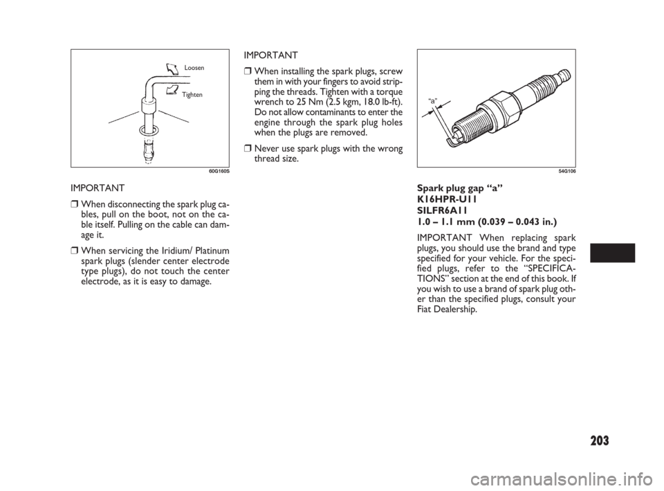 FIAT SEDICI 2009 2.G Owners Manual 203
Spark plug gap “a”
K16HPR-U11
SILFR6A11
1.0 – 1.1 mm (0.039 – 0.043 in.)
IMPORTANT When replacing spark
plugs, you should use the brand and type
specified for your vehicle. For the speci- FIAT SEDICI 2009 2.G Owners Manual 203
Spark plug gap “a”
K16HPR-U11
SILFR6A11
1.0 – 1.1 mm (0.039 – 0.043 in.)
IMPORTANT When replacing spark
plugs, you should use the brand and type
specified for your vehicle. For the speci-