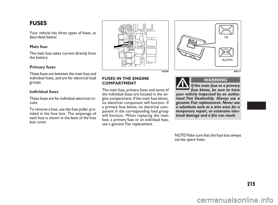 FIAT SEDICI 2009 2.G Manual Online 215
FUSES IN THE ENGINE
COMPARTMENT
The main fuse, primary fuses and some of
the individual fuses are located in the en-
gine compartment. If the main fuse blows,
no electrical component will function