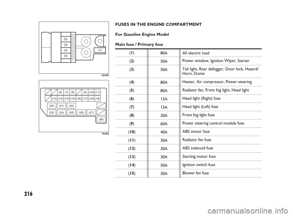 FIAT SEDICI 2009 2.G Owners Manual 216
(1) (2)
(3)
(4)
(5)
62J085
(28) (27) (26) (25) (6) (7) (9) (11)
(12) (13) (14) (15) (16) (17) (18) (19)
(24)
(8) (10)
(22) (21)
(23) (20)
79J092
80A
50A
50A
80A
80A
15A
15A
20A
60A
40A
30A
30A
30A