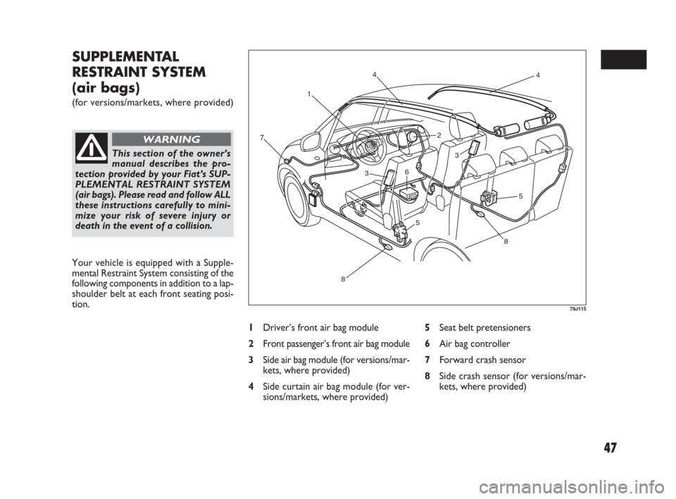 FIAT SEDICI 2009 2.G Owners Manual 47
SUPPLEMENTAL
RESTRAINT SYSTEM
(air bags)
(for versions/markets, where provided)1
2
3
34 4
55 6 7
8
8
79J115
This section of the owner’s
manual describes the pro-
tection provided by your Fiat’s