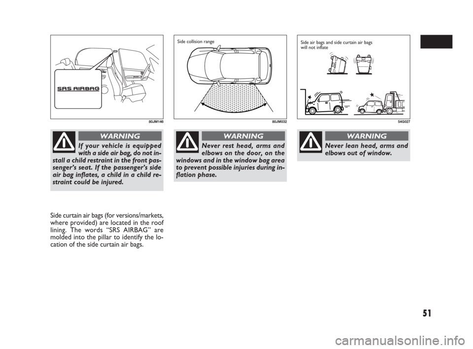 FIAT SEDICI 2009 2.G Workshop Manual 51
Side curtain air bags (for versions/markets,
where provided) are located in the roof
lining. The words “SRS AIRBAG” are
molded into the pillar to identify the lo-
cation of the side curtain air FIAT SEDICI 2009 2.G Workshop Manual 51
Side curtain air bags (for versions/markets,
where provided) are located in the roof
lining. The words “SRS AIRBAG” are
molded into the pillar to identify the lo-
cation of the side curtain air