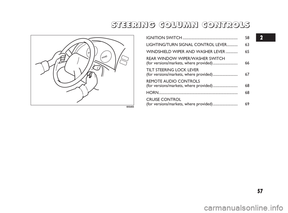 FIAT SEDICI 2009 2.G Workshop Manual 57
S S
T T
E E
E E
R R
I I
N N
G G
C C
O O
L L
U U
M M
N N
C C
O O
N N
T T
R R
O O
L L
S S
60G405
IGNITION SWITCH ............................................................ 58
LIGHTING/TURN SIGNAL C FIAT SEDICI 2009 2.G Workshop Manual 57
S S
T T
E E
E E
R R
I I
N N
G G
C C
O O
L L
U U
M M
N N
C C
O O
N N
T T
R R
O O
L L
S S
60G405
IGNITION SWITCH ............................................................ 58
LIGHTING/TURN SIGNAL C
