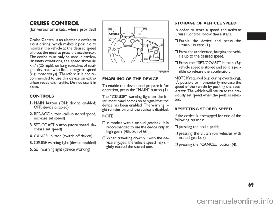 FIAT SEDICI 2009 2.G Owners Manual 69
(2)
(1)
(4)
(3) (6)
(5)
FSUV1650
CRUISE CONTROL
(for versions/markets, where provided)
Cruise Control is an electronic device to
assist driving, which makes it possible to
maintain the vehicle at t