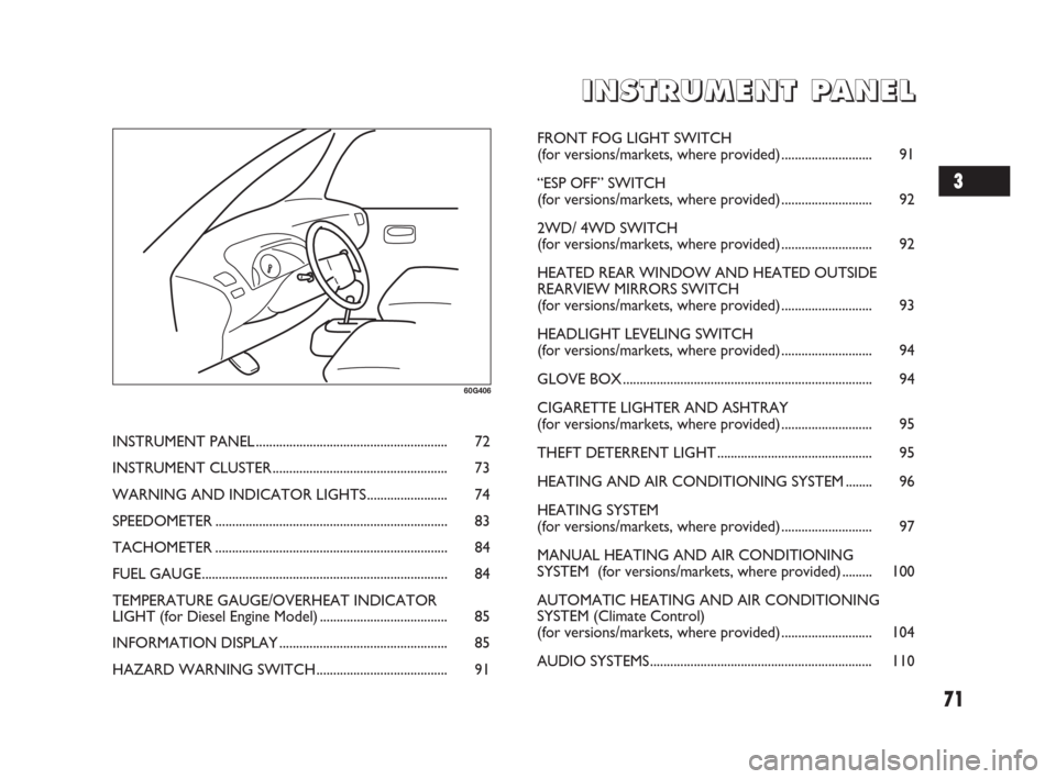 FIAT SEDICI 2009 2.G Manual PDF 71
I I
N N
S S
T T
R R
U U
M M
E E
N N
T T
P P
A A
N N
E E
L L
60G406
INSTRUMENT PANEL......................................................... 72
INSTRUMENT CLUSTER................................... FIAT SEDICI 2009 2.G Manual PDF 71
I I
N N
S S
T T
R R
U U
M M
E E
N N
T T
P P
A A
N N
E E
L L
60G406
INSTRUMENT PANEL......................................................... 72
INSTRUMENT CLUSTER...................................