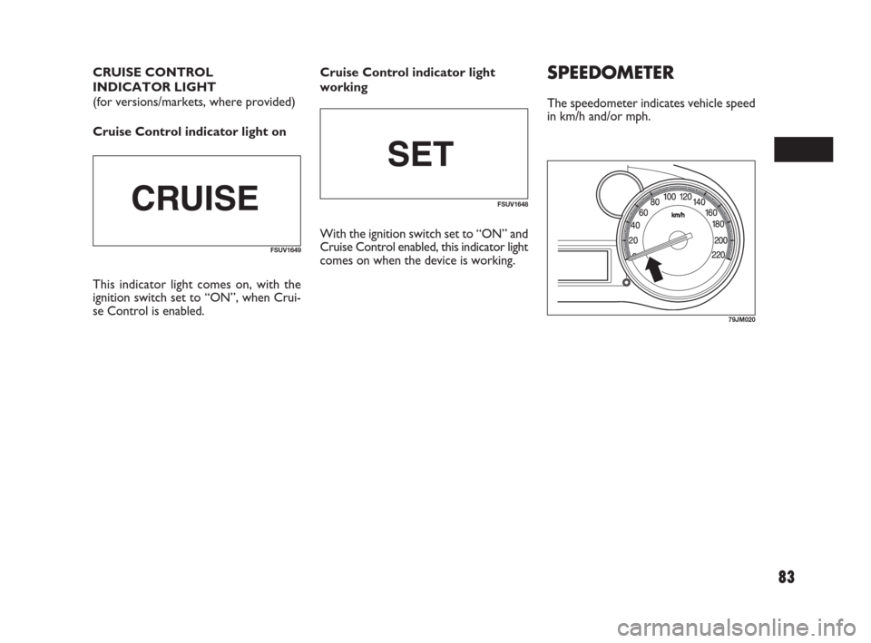 FIAT SEDICI 2009 2.G Owners Manual 83
SPEEDOMETER
The speedometer indicates vehicle speed
in km/h and/or mph.
79JM020
CRUISE CONTROL 
INDICATOR LIGHT
(for versions/markets, where provided)
Cruise Control indicator light on
FSUV1649
FSU
