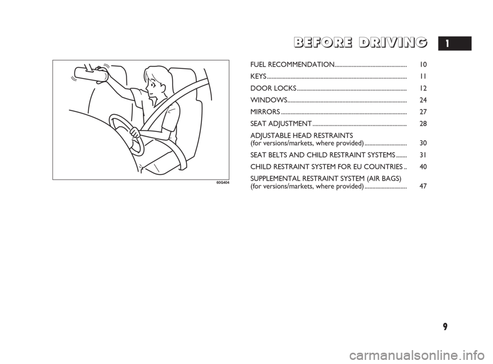 FIAT SEDICI 2009 2.G Owners Manual 9
B B
E E
F F
O O
R R
E E
D D
R R
I I
V V
I I
N N
G G
60G404
FUEL RECOMMENDATION.............................................. 10
KEYS .................................................................