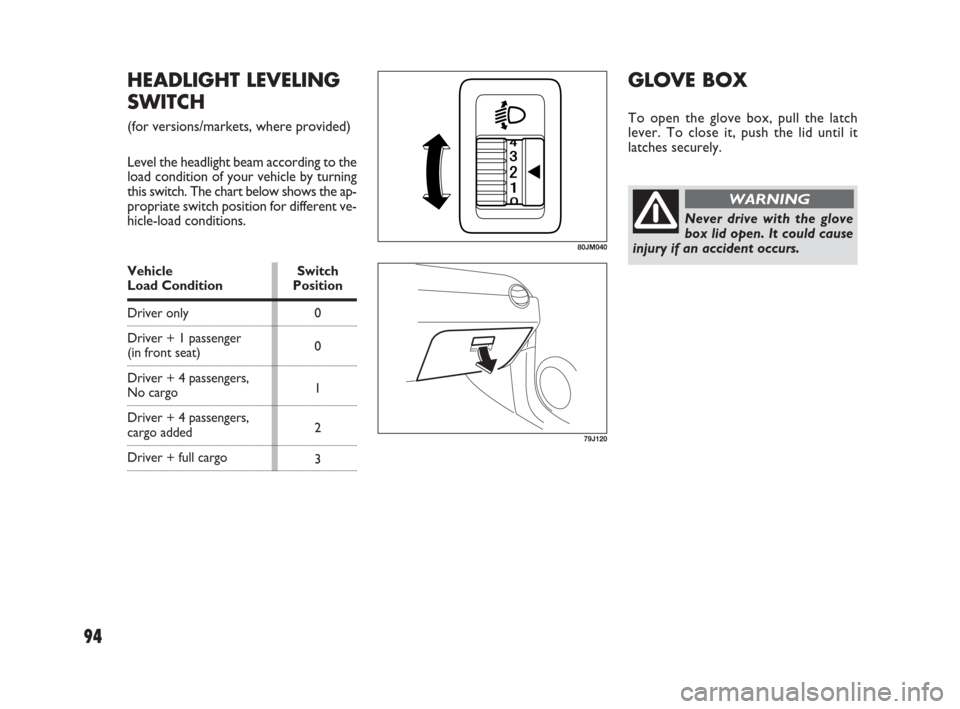 FIAT SEDICI 2009 2.G Owners Manual 94
HEADLIGHT LEVELING
SWITCH
(for versions/markets, where provided)
Level the headlight beam according to the
load condition of your vehicle by turning
this switch. The chart below shows the ap-
propr FIAT SEDICI 2009 2.G Owners Manual 94
HEADLIGHT LEVELING
SWITCH
(for versions/markets, where provided)
Level the headlight beam according to the
load condition of your vehicle by turning
this switch. The chart below shows the ap-
propr