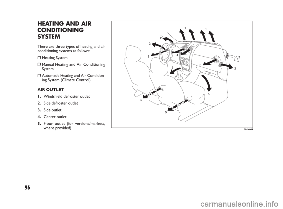 FIAT SEDICI 2009 2.G Owners Manual HEATING AND AIR
CONDITIONING
SYSTEM
There are three types of heating and air
conditioning systems as follows:
❒Heating System
❒Manual Heating and Air Conditioning
System 
❒Automatic Heating and 