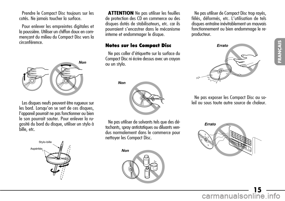 FIAT SEICENTO 2001 1.G Clarion PU1573 Manual 15
FRANÇAIS
ATTENTIONNe pas utiliser les feuilles
de protection des CD en commerce ou des
disques dotés de stabilisateurs, etc. car ils
pourraient s’encastrer dans le mécanisme
interne et endomma FIAT SEICENTO 2001 1.G Clarion PU1573 Manual 15
FRANÇAIS
ATTENTIONNe pas utiliser les feuilles
de protection des CD en commerce ou des
disques dotés de stabilisateurs, etc. car ils
pourraient s’encastrer dans le mécanisme
interne et endomma