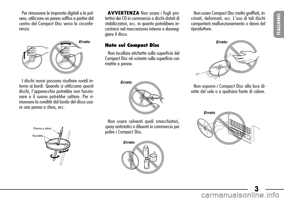 FIAT SEICENTO 2001 1.G Clarion PU1573 Manual 3
ITALIANO
Per rimuovere le impronte digitali e la pol-
vere, utilizzare un panno soffice a partire dal
centro del Compact Disc verso la circonfe-
renza.
Errato
Penna a sfera
Ruvidità
I dischi nuovi 