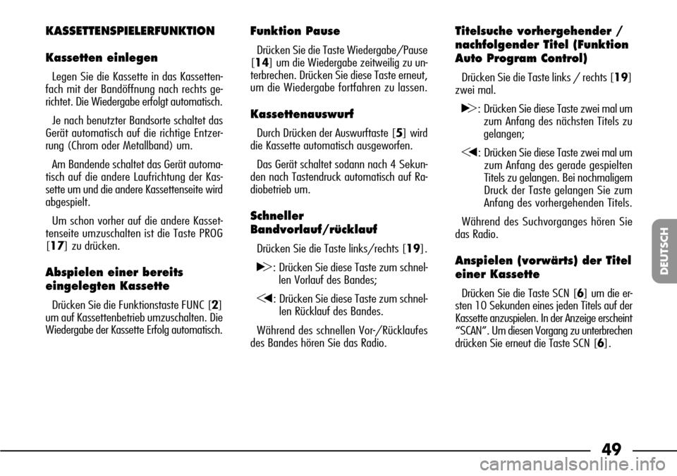 FIAT SEICENTO 2001 1.G Clarion PU1573 Manual 49
DEUTSCH
KASSETTENSPIELERFUNKTION
Kassetten einlegen
Legen Sie die Kassette in das Kassetten-
fach mit der Bandöffnung nach rechts ge-
richtet. Die Wiedergabe erfolgt automatisch.
Je nach benutzter FIAT SEICENTO 2001 1.G Clarion PU1573 Manual 49
DEUTSCH
KASSETTENSPIELERFUNKTION
Kassetten einlegen
Legen Sie die Kassette in das Kassetten-
fach mit der Bandöffnung nach rechts ge-
richtet. Die Wiedergabe erfolgt automatisch.
Je nach benutzter